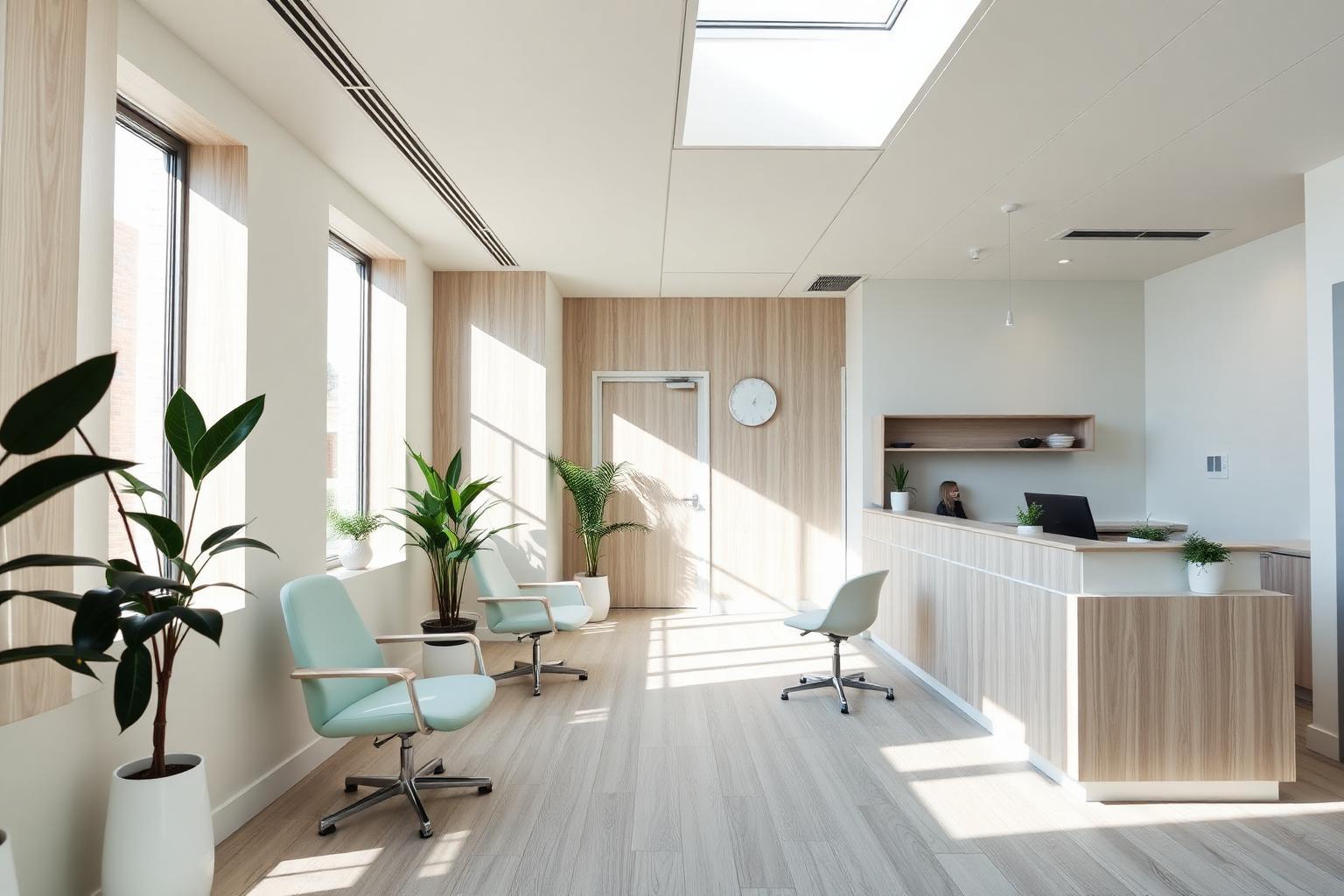 Bright, plant-filled dental studio reception with pale oak finishes