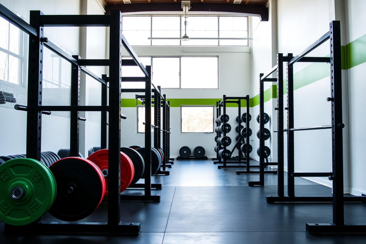 Bright industrial strength gym with squat racks and bumper plates
