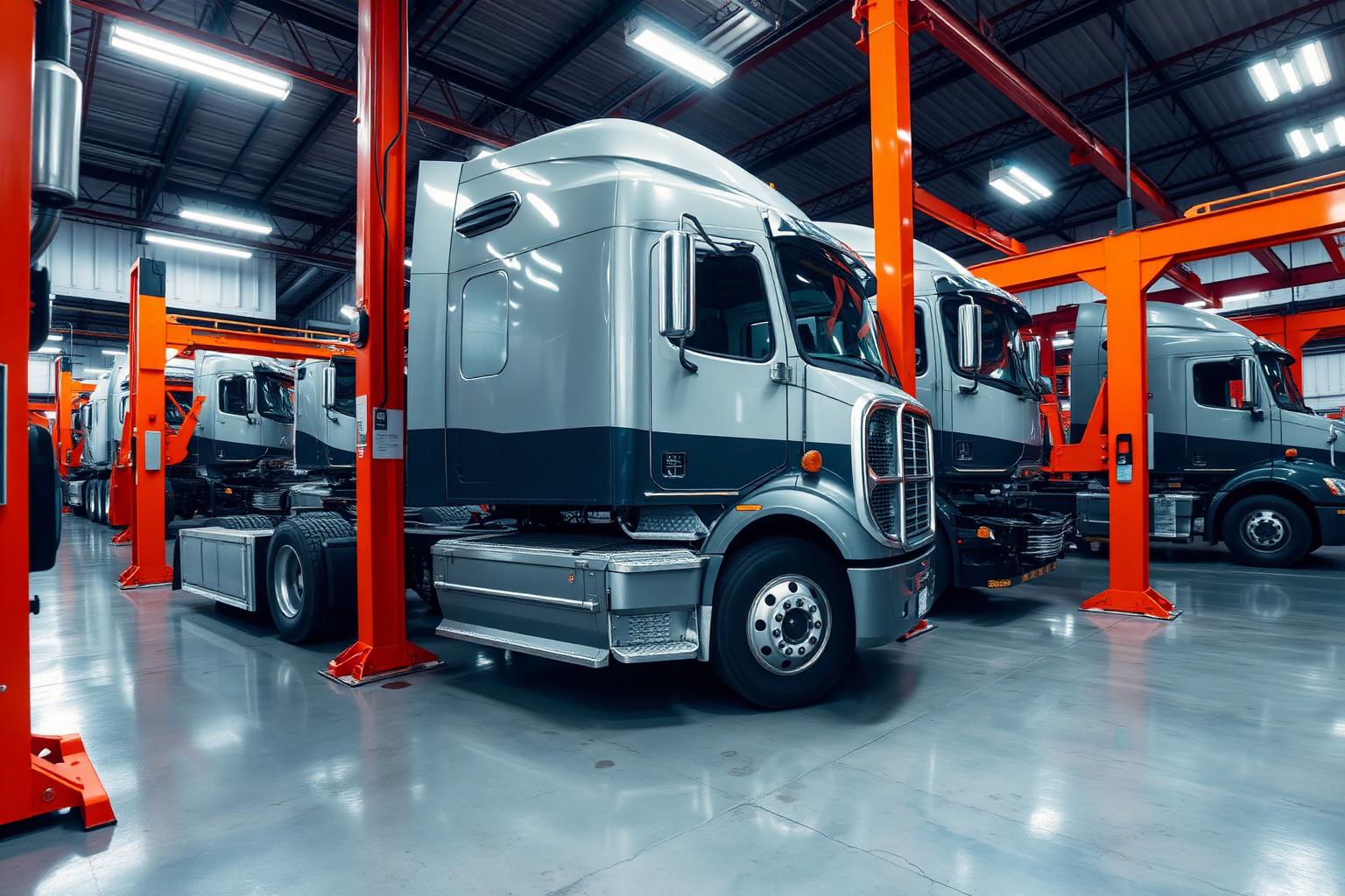 Heavy duty truck repair shop with semi trucks on orange lifts