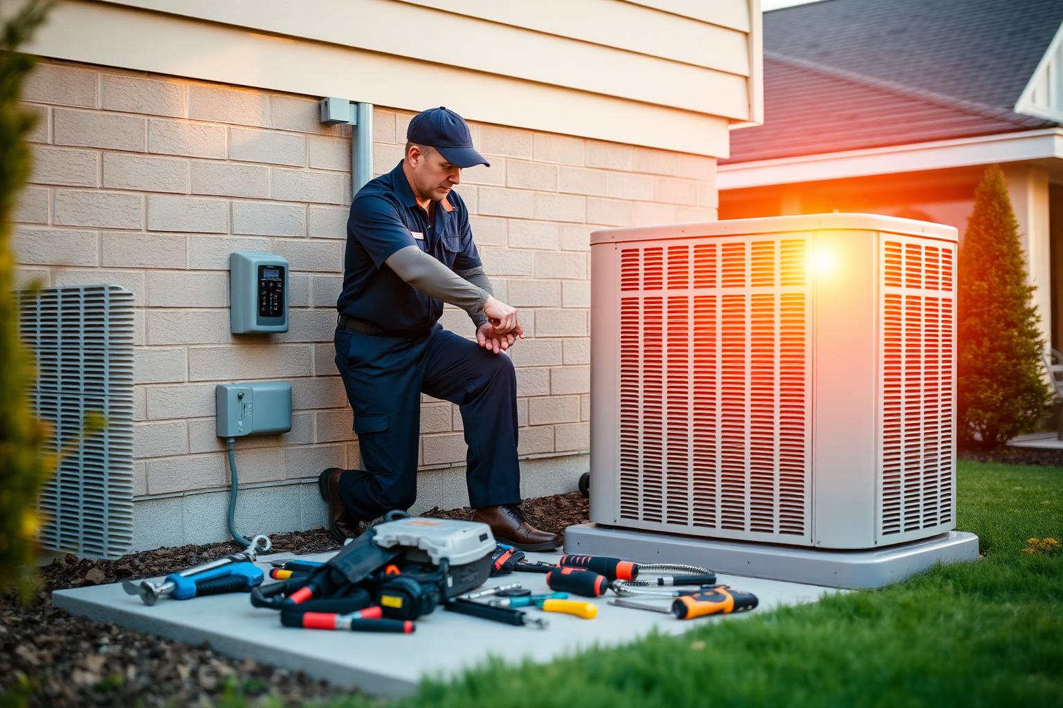HVAC technician servicing an outdoor condenser unit at golden hour