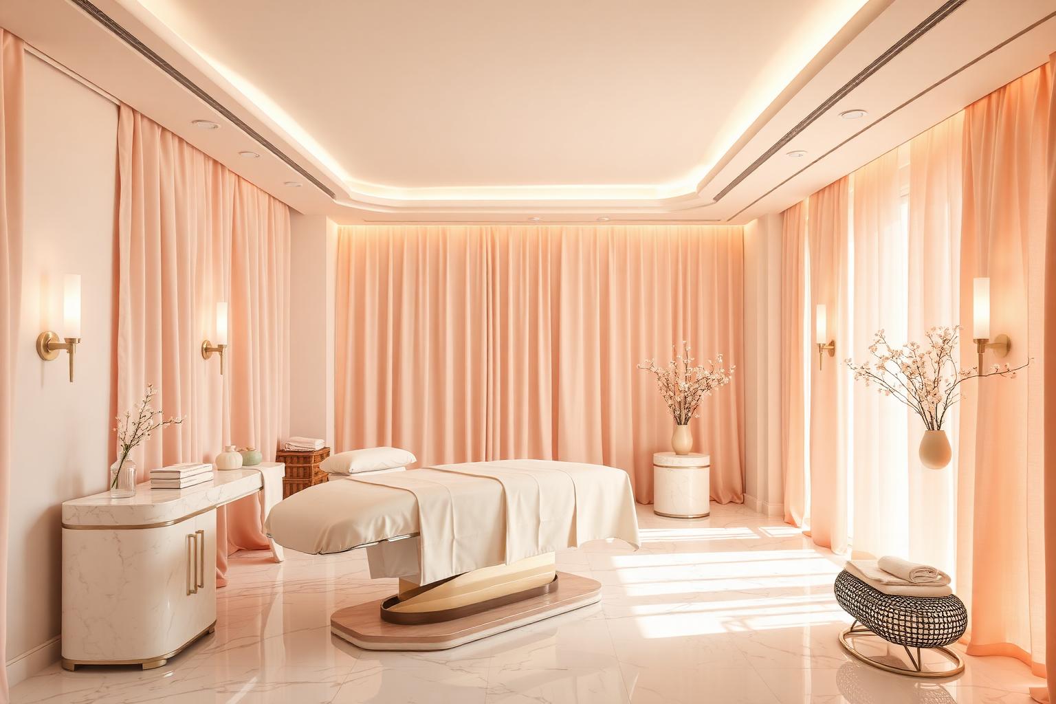 Luxury medical spa treatment suite in blush and champagne tones